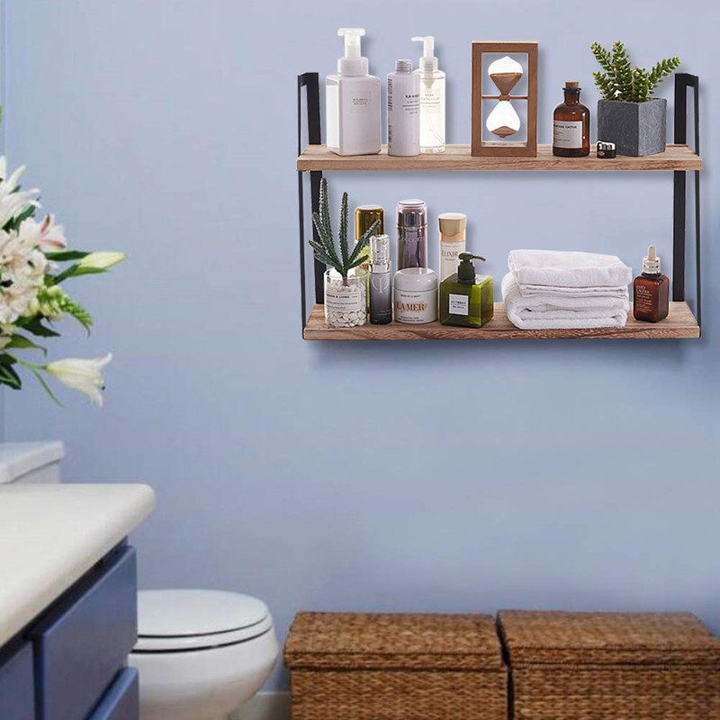 Estante flotante de madera de dos capas estante de pared industrial estante de hierro gran número de en stock