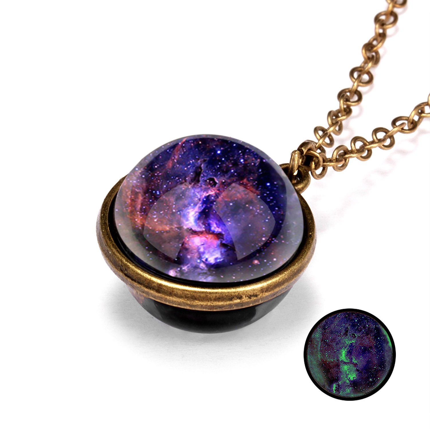 European and American Fashion New Style Galaxy Nebula Universe Luminous Double-Sided Vintage Pendant Necklace Creative Cosmic Starry Sky Necklace