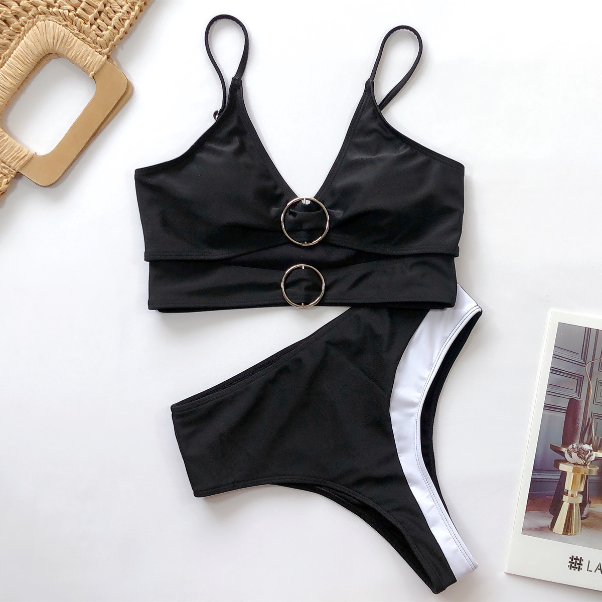 Hot selling fashion ladies split swimsuit black hollow bikini NSDA1225