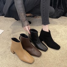 2019秋冬新款批發女士皮靴方頭粗跟后拉鏈短筒靴子馬丁靴短靴