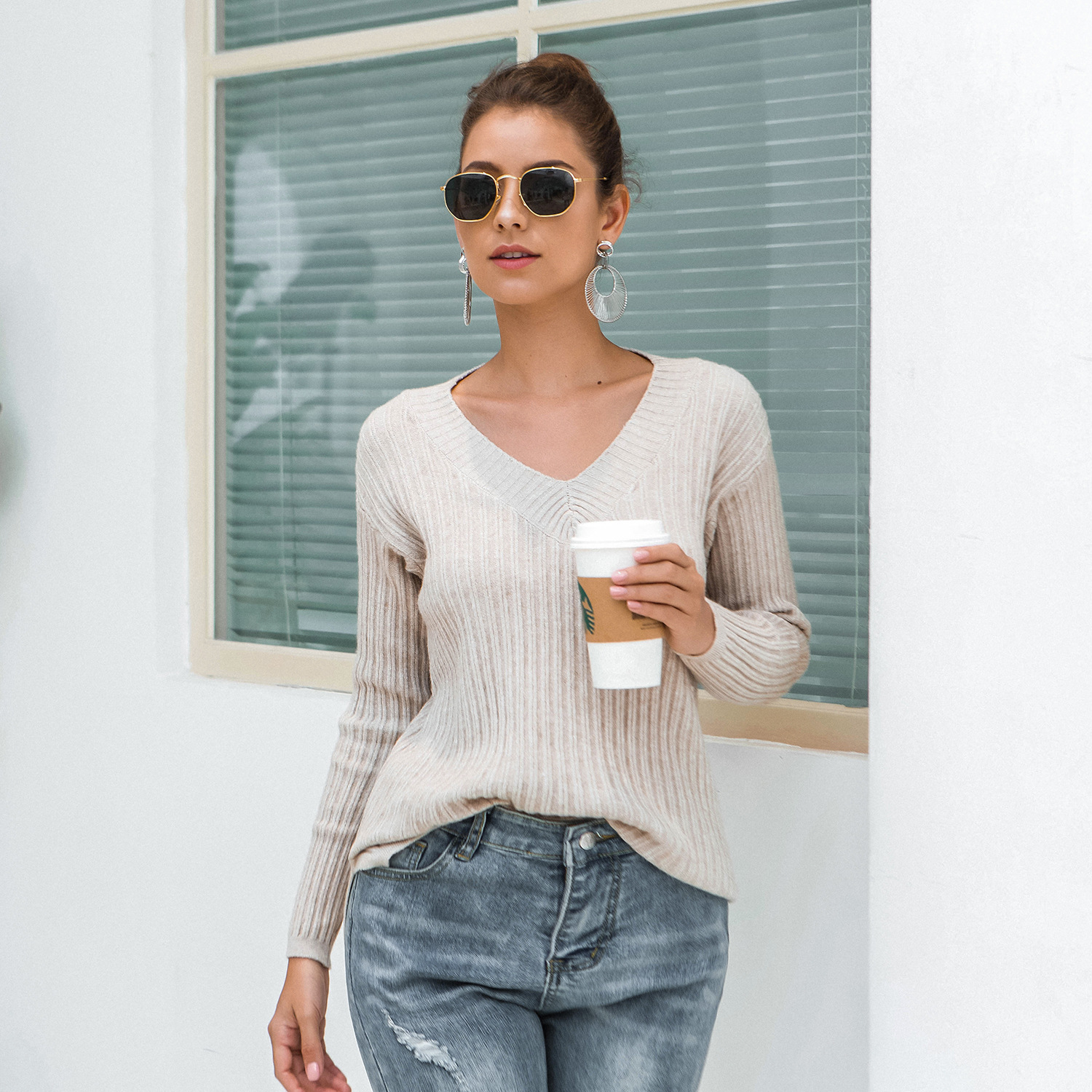 casual fall/winter V-neck pit sweater NSMY34833