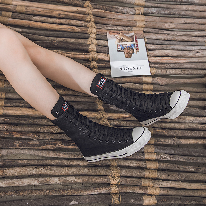 2022 new mid-barrel front lace-up side zipper canvas shoes casual shoes high-top casual women's shoes Korean trend 2022 new mid-barrel front lace-up side zipper canvas shoes casual shoes high-top casual women's shoes Korean trend