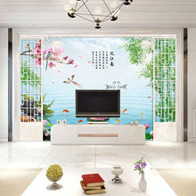 定做中式壁画客厅酒店3d竹子荷花电视背景墙纸无纺布影视墙布