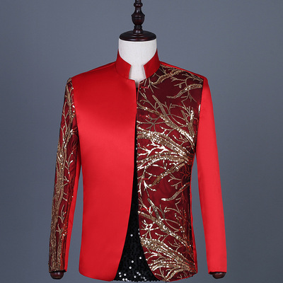 Men embroidery sequins Chinese tunic suit stage costumes male singers party host guest suit jacket