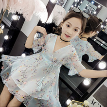 女童韩版连衣裙2022新款洋气公主碎花雪纺裙儿童中大童V字领童裙