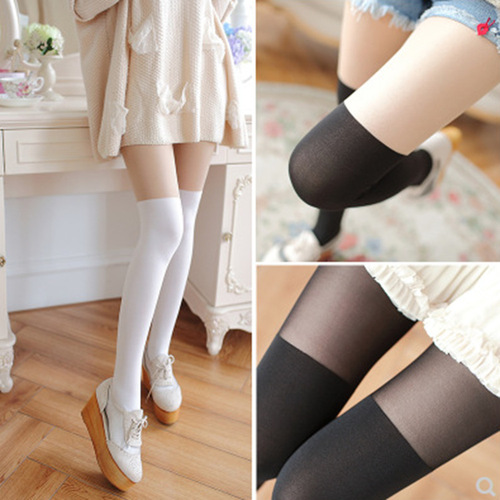 Spring and autumn color-blocked over-the-knee rompers Japanese style thin and durable women's fake stitching high stockings