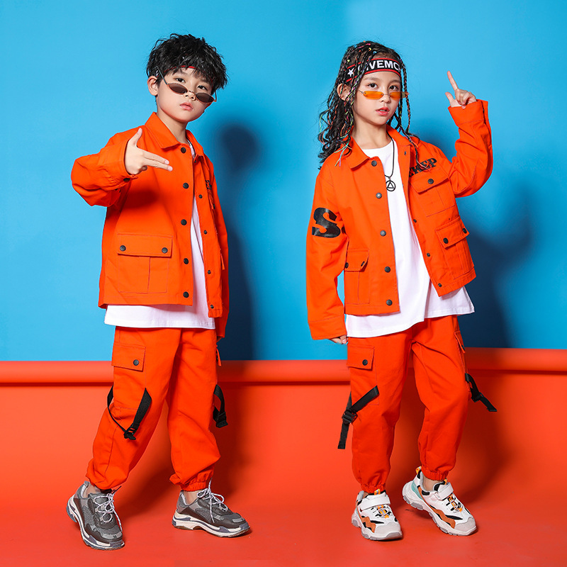 Boy orange color street rapper hip-hop jazz dance costumes girl children gogo dancer modern dance suit tooling model show catwalk performance clothing