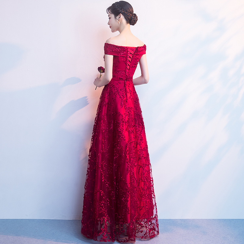 Rojo tostada vestido de novia 2024 otoño fuera del hombro largo elegante Banquete de verano y otoño vestido de noche para las mujeres image 6