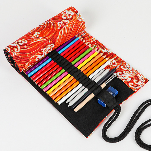 Japanese style printed canvas pen curtain 12 24 36 48 72 holes large capacity pencil bag sketch color pencil box