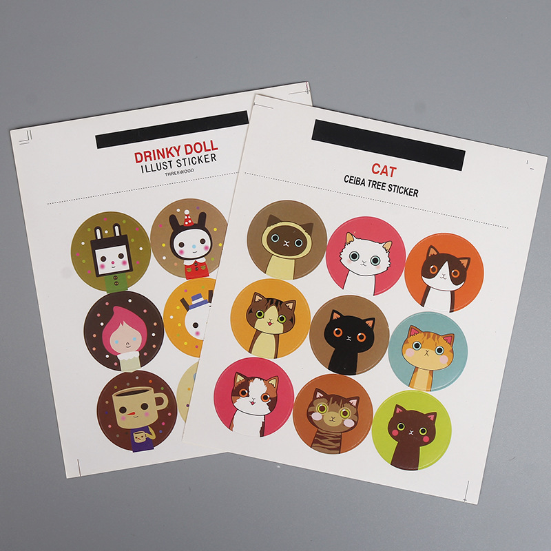 厂家现货新款彩色卡通圆形 猫咪，兔子头封口贴 9枚价不干胶批发
