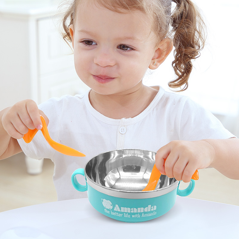 宝宝带盖带手柄不锈钢碗双层隔热防摔碗儿童学吃饭训练婴儿辅食碗