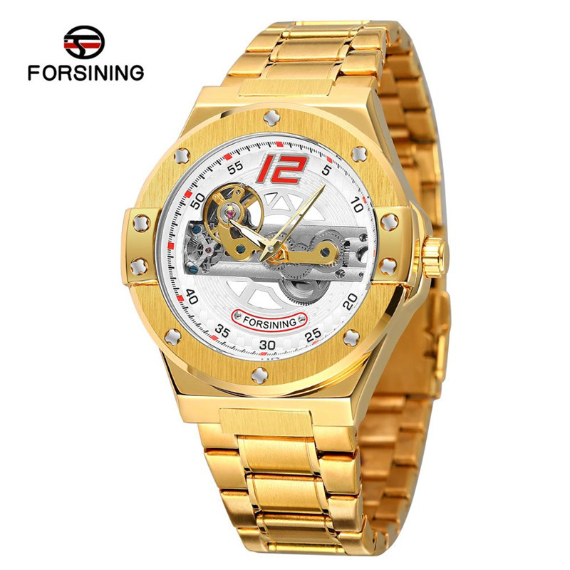 Forsining Fusini correa de acero de los hombres casual reloj mecánico automático transparente inferior hueco motocicleta reloj 897