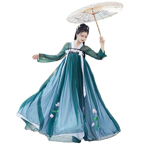 Women traditional Chinese Hanfu green heavy industry dress