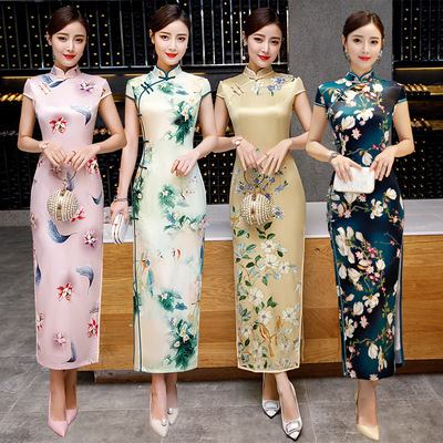 Chinese Dresses Qipao short sleeve long double layer silk new cheongsam retro slim daily improved cheongsam dress