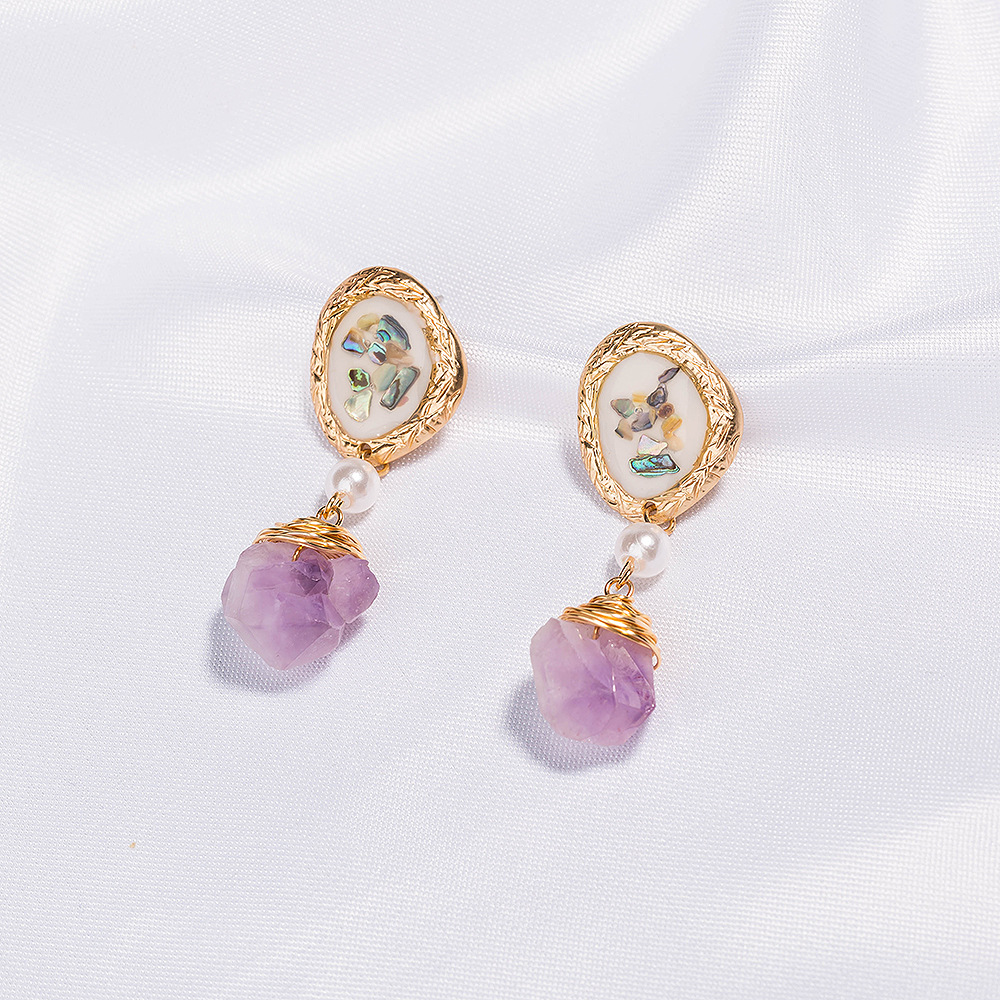 European And American Retro Earrings Round White Color Small Shell Earrings Purple Natural Stone Earrings Factory In Stock Wholesale Female display picture 8