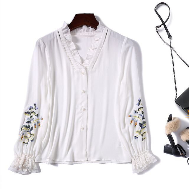 Autumn fashion V-neck long sleeve embroidered chiffon shirt