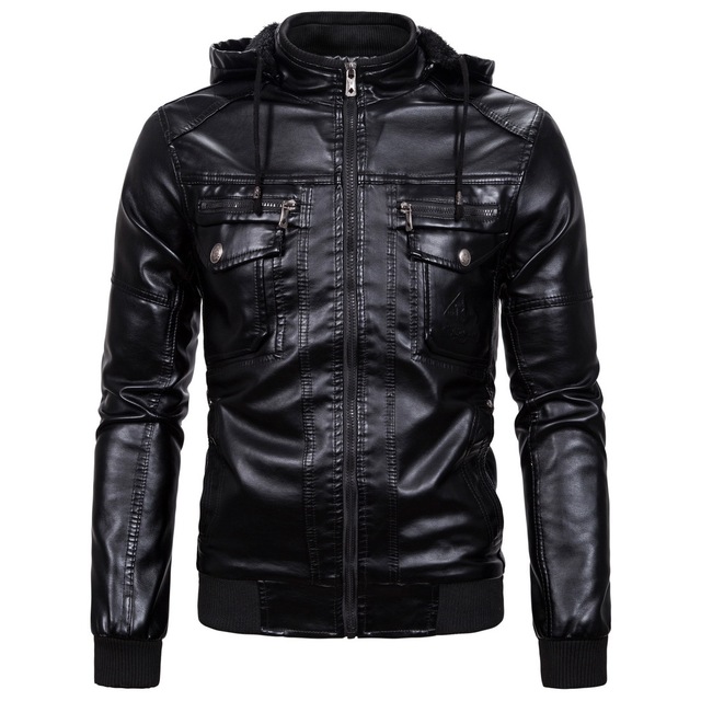 European men’s leather coat with plush warm leather coat classic imitation sheep leather hooded leather coat