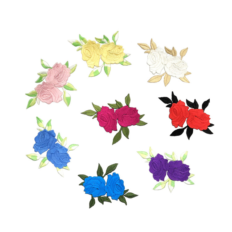 双头玫瑰花刺绣布贴外套装饰辅料背胶补丁贴衣领修饰贴标厂家直销