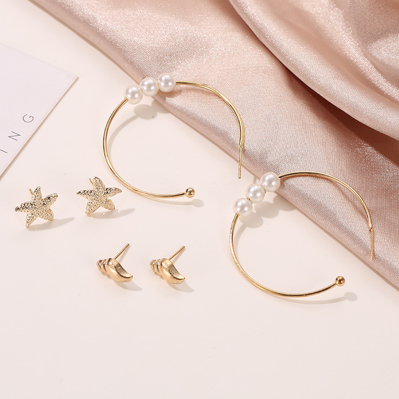 Fashion Ocean Wind Sweet Conch Starfish 3 Pairs Stud Earrings Pearl Earrings display picture 4