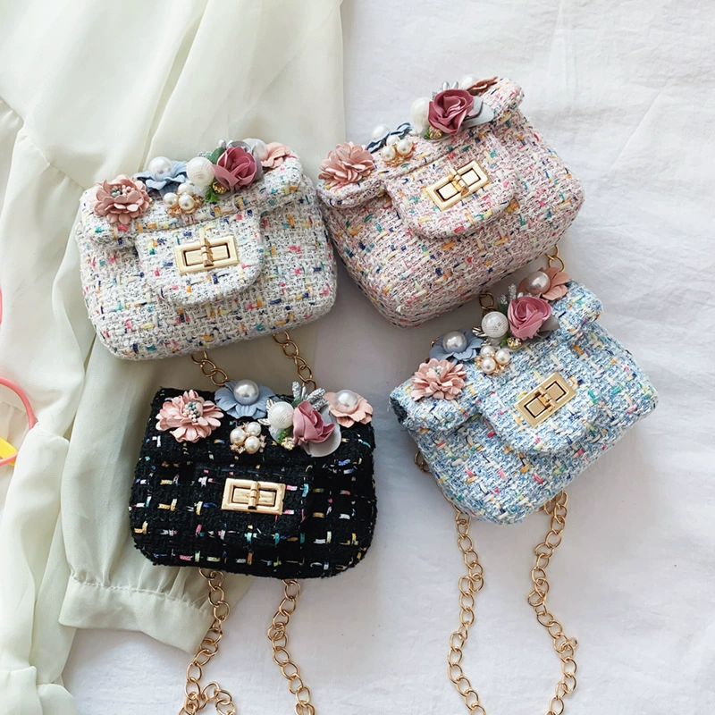 Children's One-Shoulder Bag, Small Tweed Floral Purse with Chain Strap, Cute Patterns