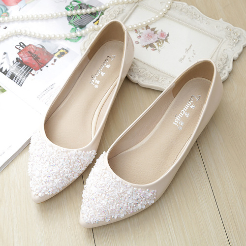 Korean style women's shoes, slim and fashionable 2024 autumn new pointed toe shallow mouth single shoes, sequined rhinestone flat shoes for women, large size