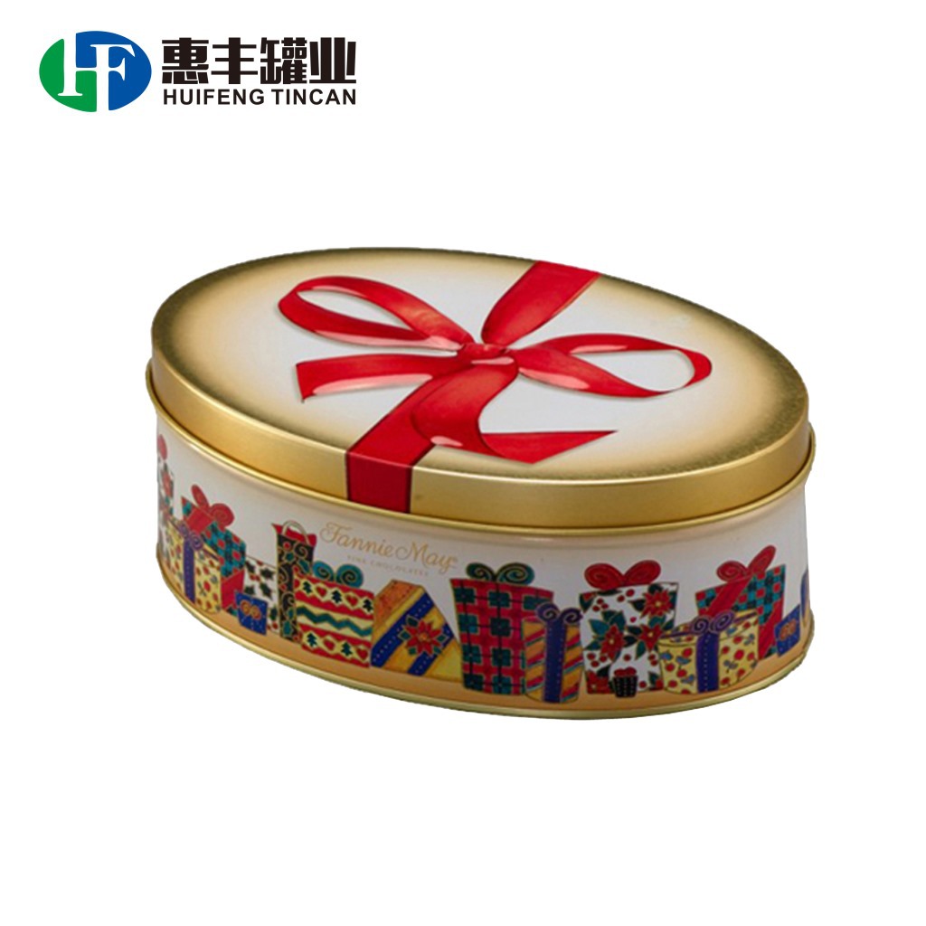 椭圆形圣诞礼品铁盒 红色丝带糖果铁盒 朱古力巧克力铁罐tin can