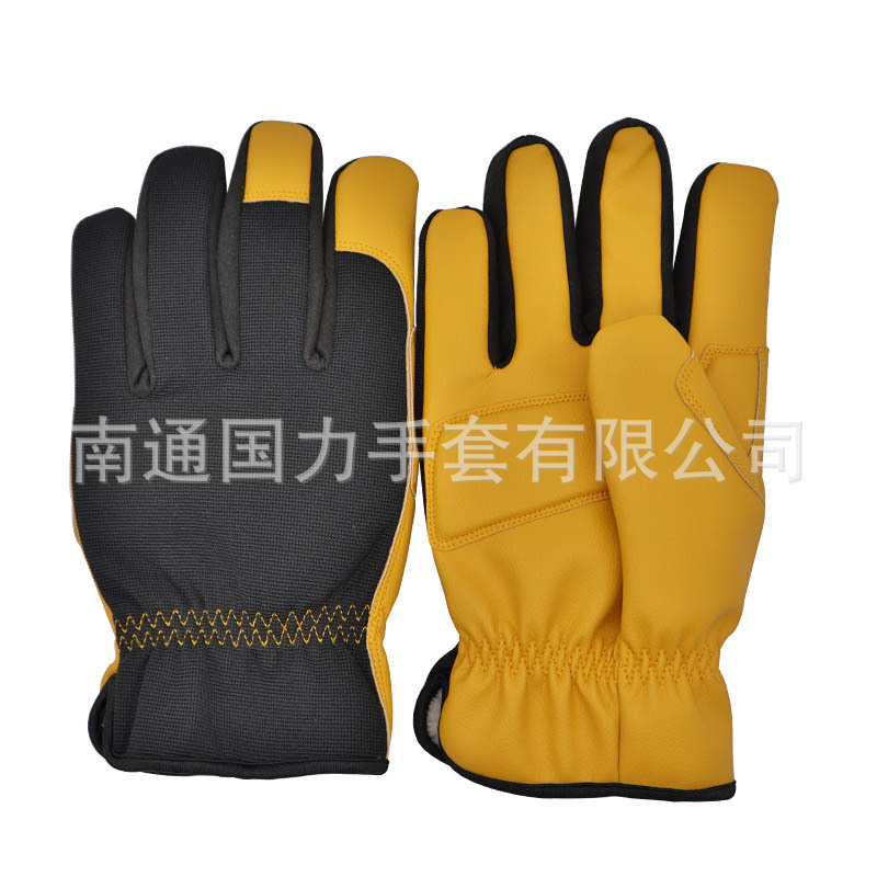 PU革防风加绒保暖减震虎口加强保护松紧袖口长毛绒冬季机械手套