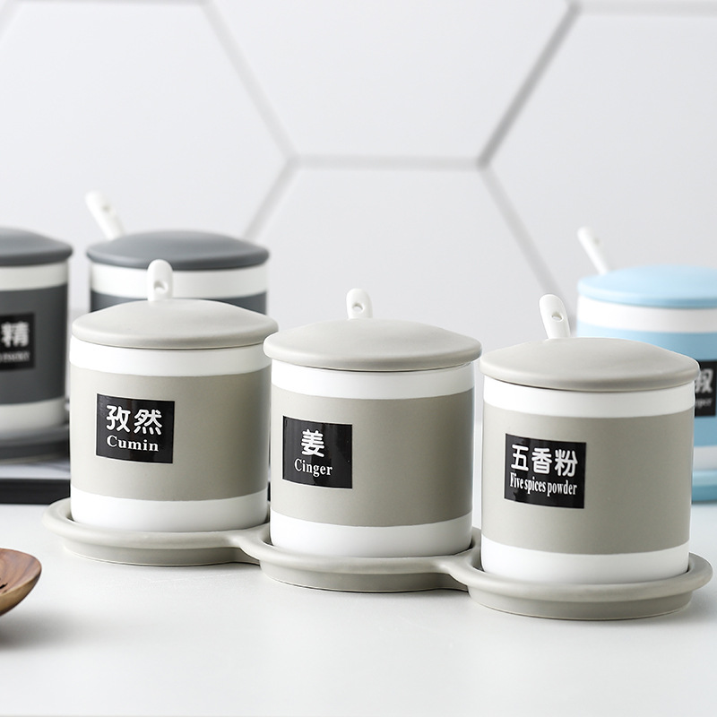 Tarro de condimento moderno simple creativo hogar de cerámica de color a juego combinación de botella de condimento de tres piezas de color caramelo suministros de cocina