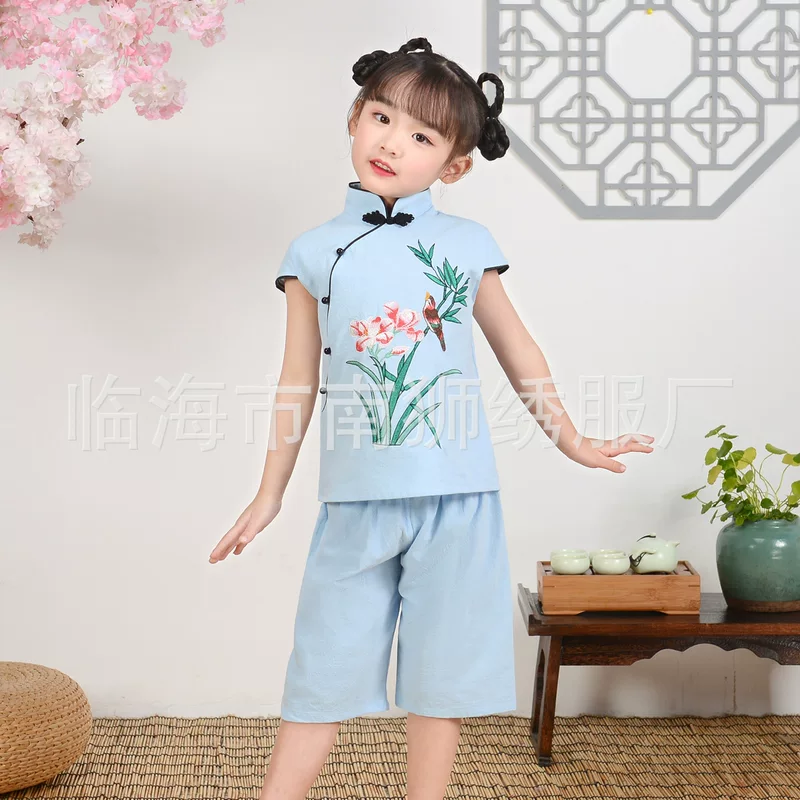 Ethnic Hanfu, set, autumn cheongsam for kindergarten, Chinese style, children's clothing, cotton and linen