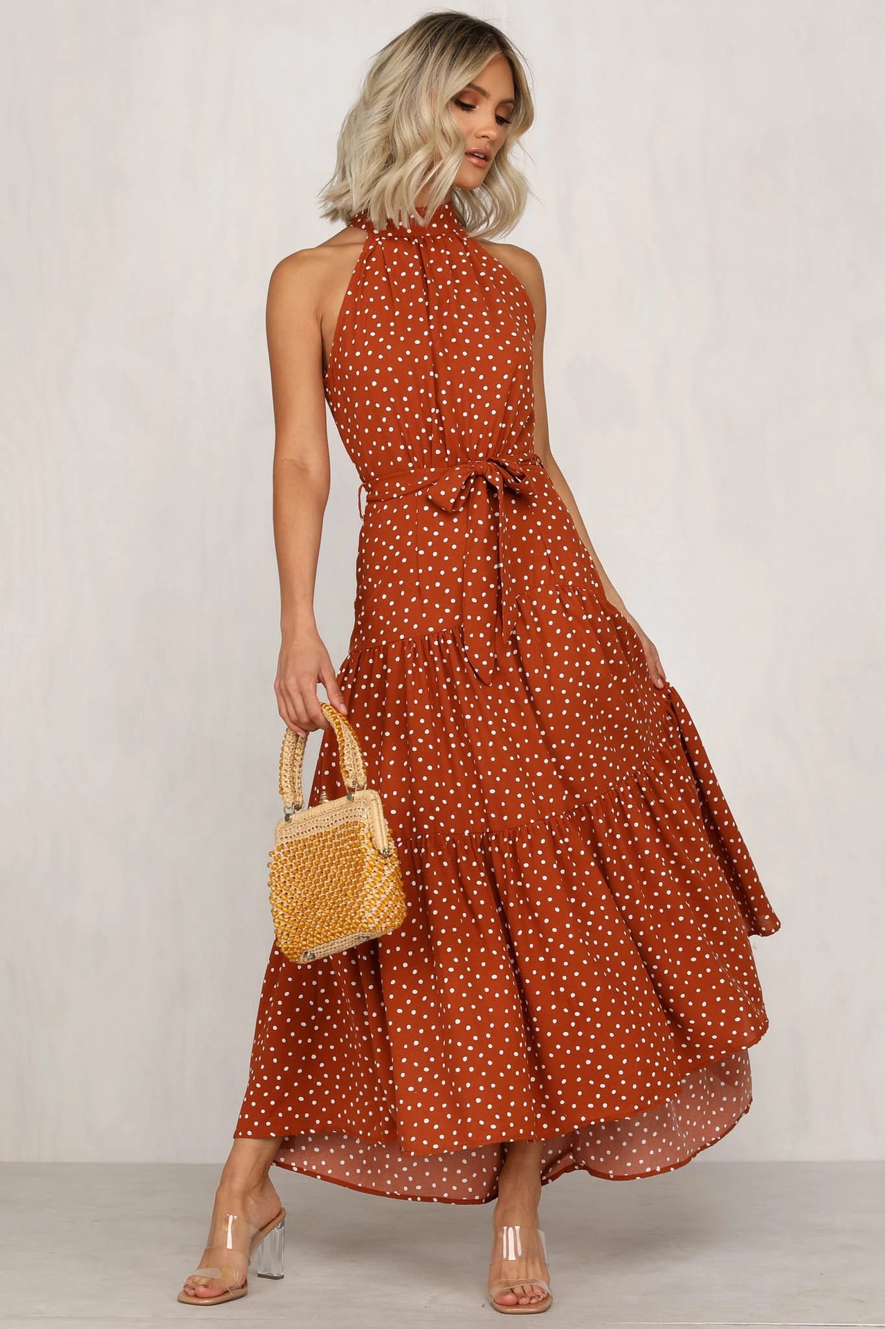 summer new women s polka dot round neck mid-waist sleeveless ruffled flounce dress NSYD3859