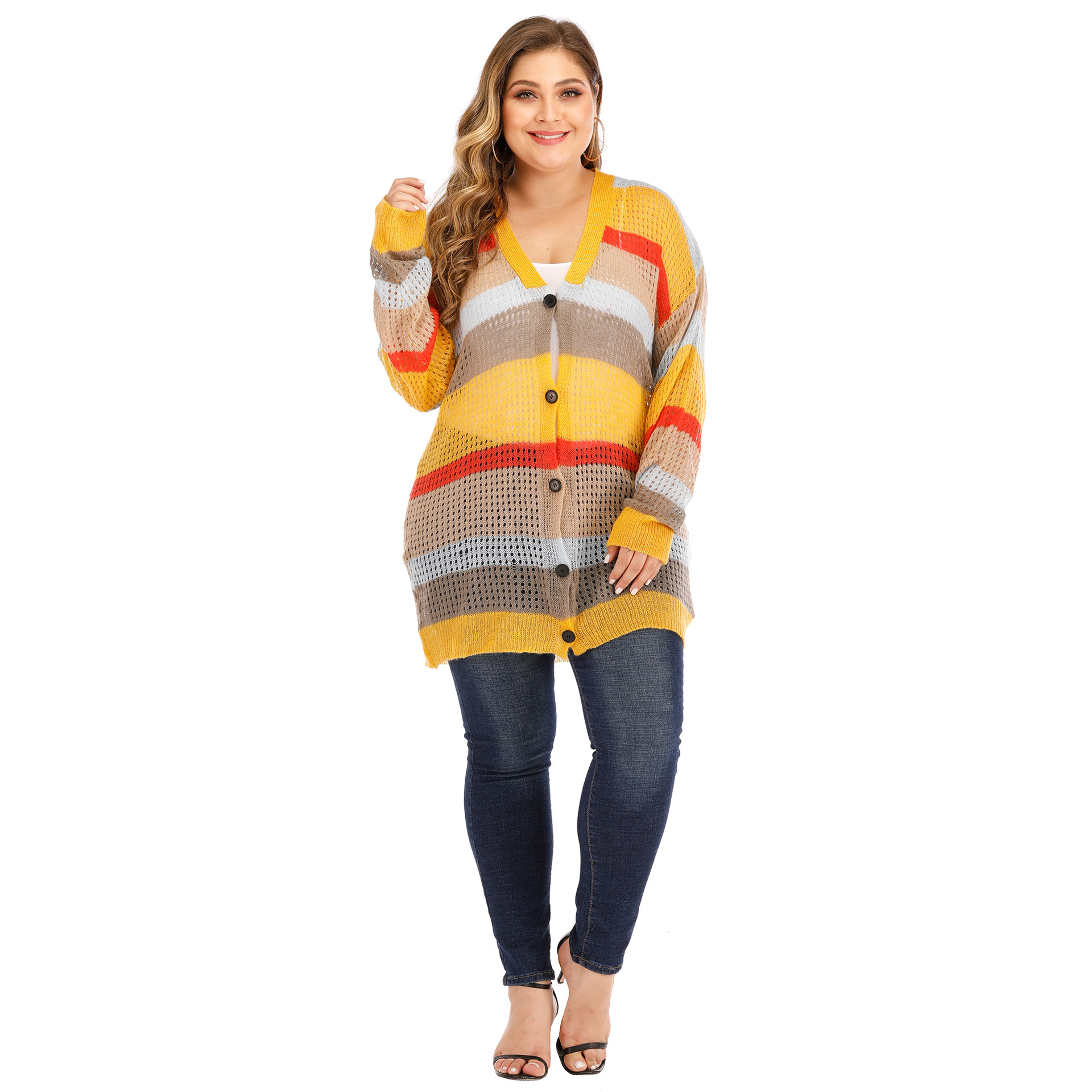 Large size color stripe contrast stitching woven cardigan NSOY51863