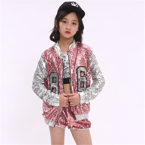  children pink silver sequins jazz hiphop street dance costumes gogo dancers rapper performance model show outfits hip hop dance street dance suit for girls