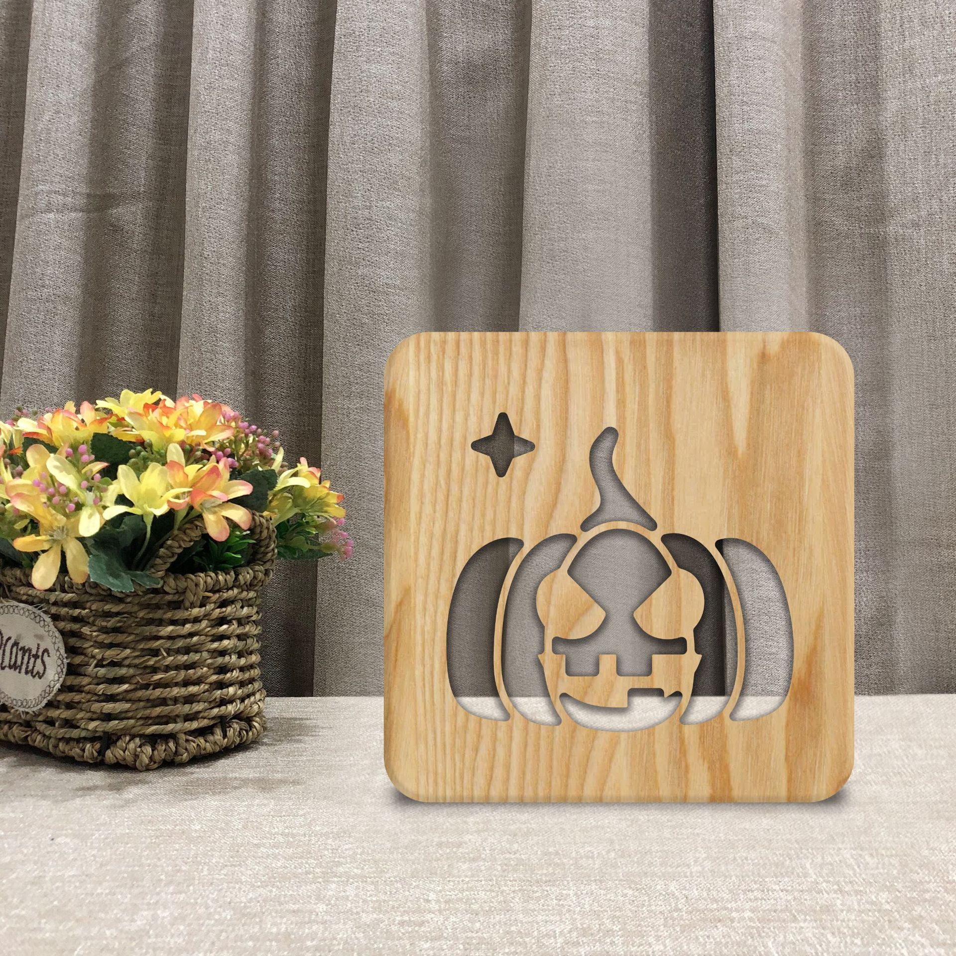 万圣节跨境产品南瓜鬼脸 木质工艺品 创意木头台灯欧式FS-T1937W