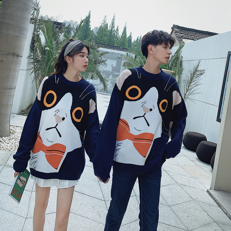 Men's Wool Sweater With Cat Pattern Round Neck Couple Knit Top_voghion.com