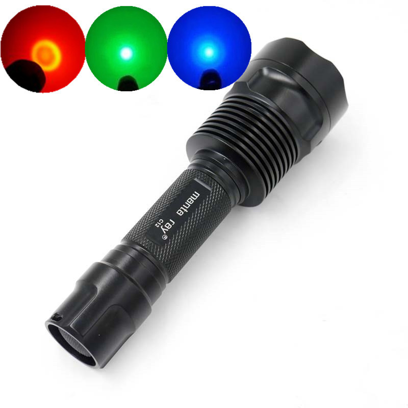 C12 레드 라이트/그린 라이트/블루 라이트 CREE 5W LED 램프 구슬 18650 배터리 강광 손전등 양봉 낚시