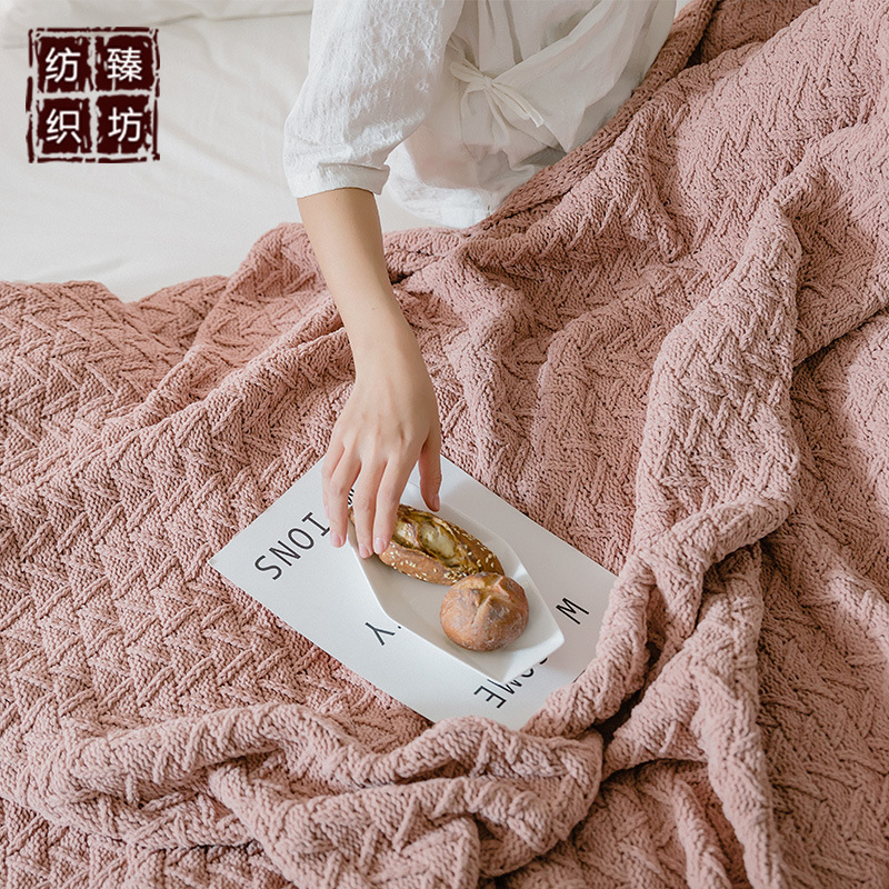 新款雪尼尔四角流苏立体v字针织毯 家居软装 空调沙发懒人盖毯