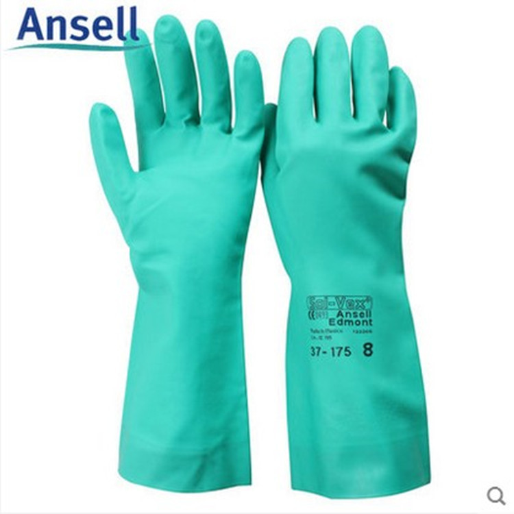 安思尔37-175绿色丁腈植绒防化手套 耐油耐酸碱防护工业胶手套