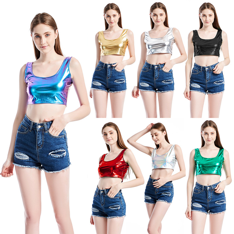 Foreign Trade Summer New Cross-Border Supply Sexy Slim Sports Racer Vest Bright Leather Performance Clothing Stage Women's Clothing Foreign Trade Summer New Cross-Border Supply Sexy Slim Sports Racer Vest Bright Leather Performance Clothing Stage Women's Clothing