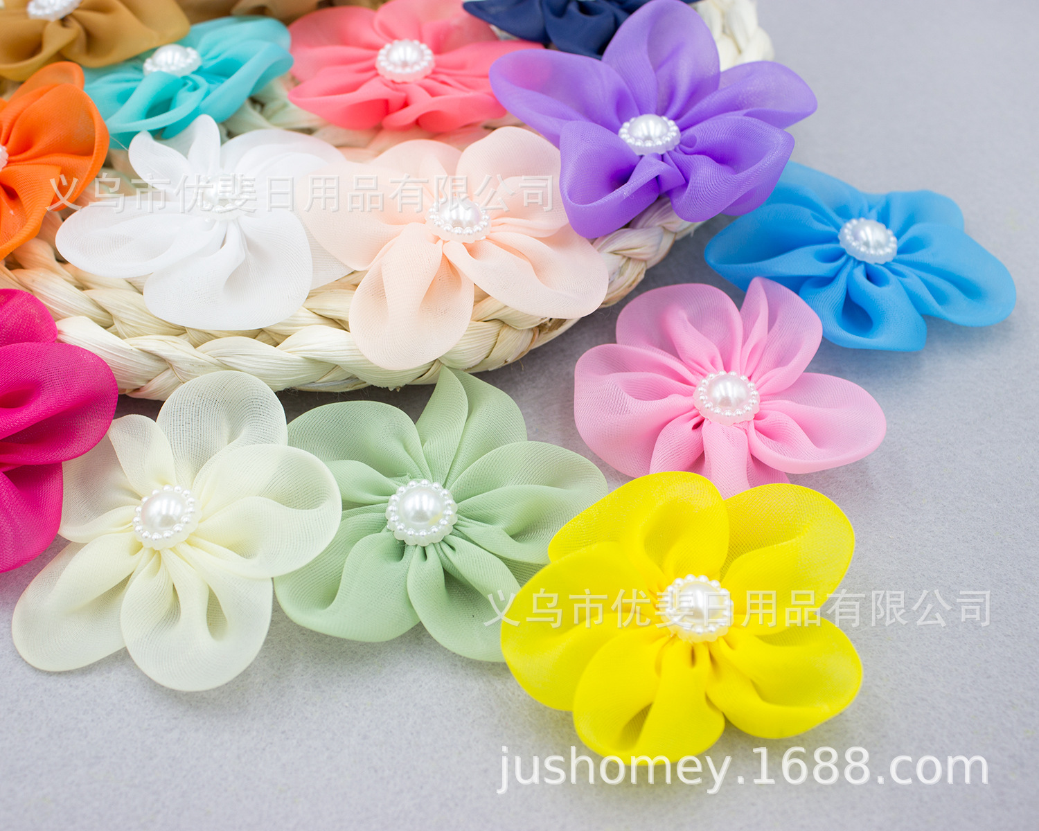6.5cm欧根纱珍珠五瓣花朵 DIY发带头饰花 婚礼花装饰 服饰配件