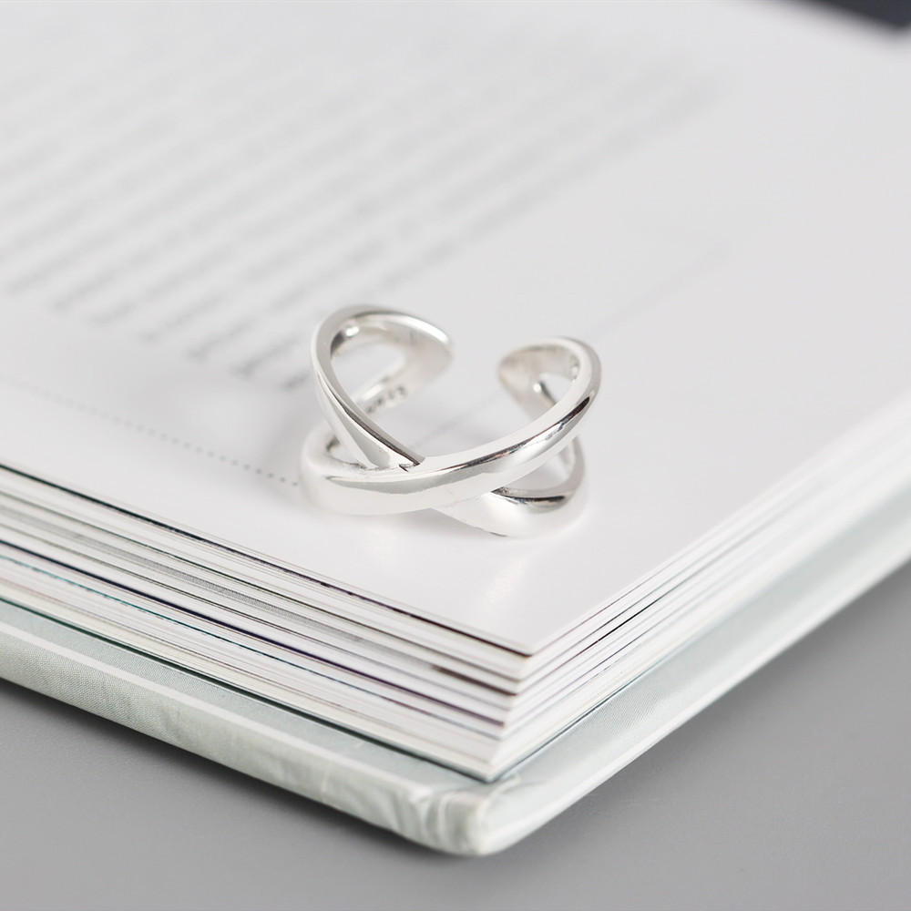 S925 sterling silver ring Korean smooth cross open ring personality joint ring