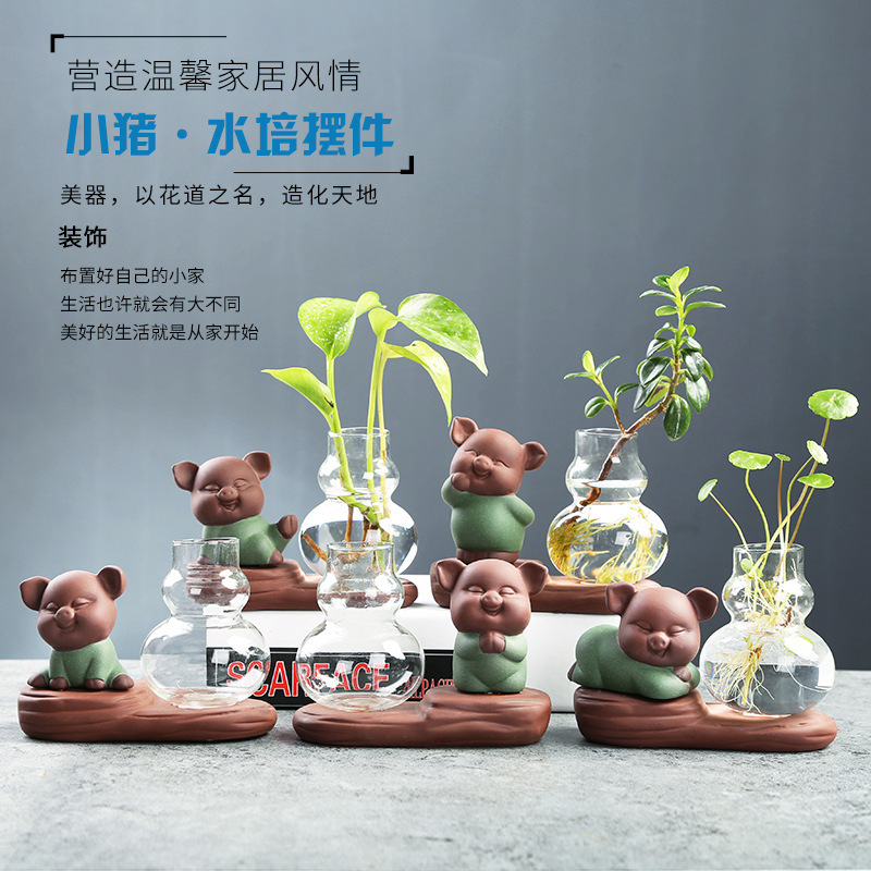 2019创意绿萝水培植物玻璃透明花瓶插花猪猪侠花盆桌面装饰摆件|ms