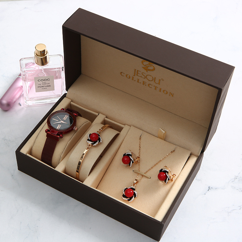 Korean Waterproof Ladies Quartz Watch Flower Earrings Necklace Bracelet Box Mother's Day Gift display picture 4