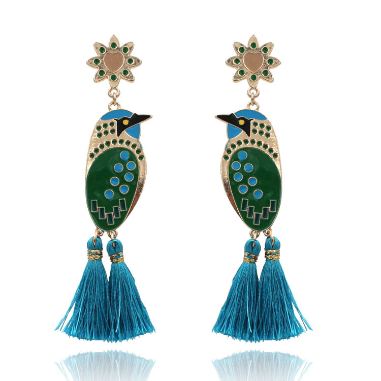 跨境专供欧美创意新款滴油流苏耳环时尚潮人动物小鸟造形耳饰长款