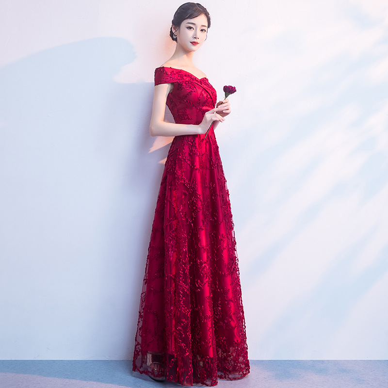 Rojo tostada vestido de novia 2024 otoño fuera del hombro largo elegante Banquete de verano y otoño vestido de noche para las mujeres image 4