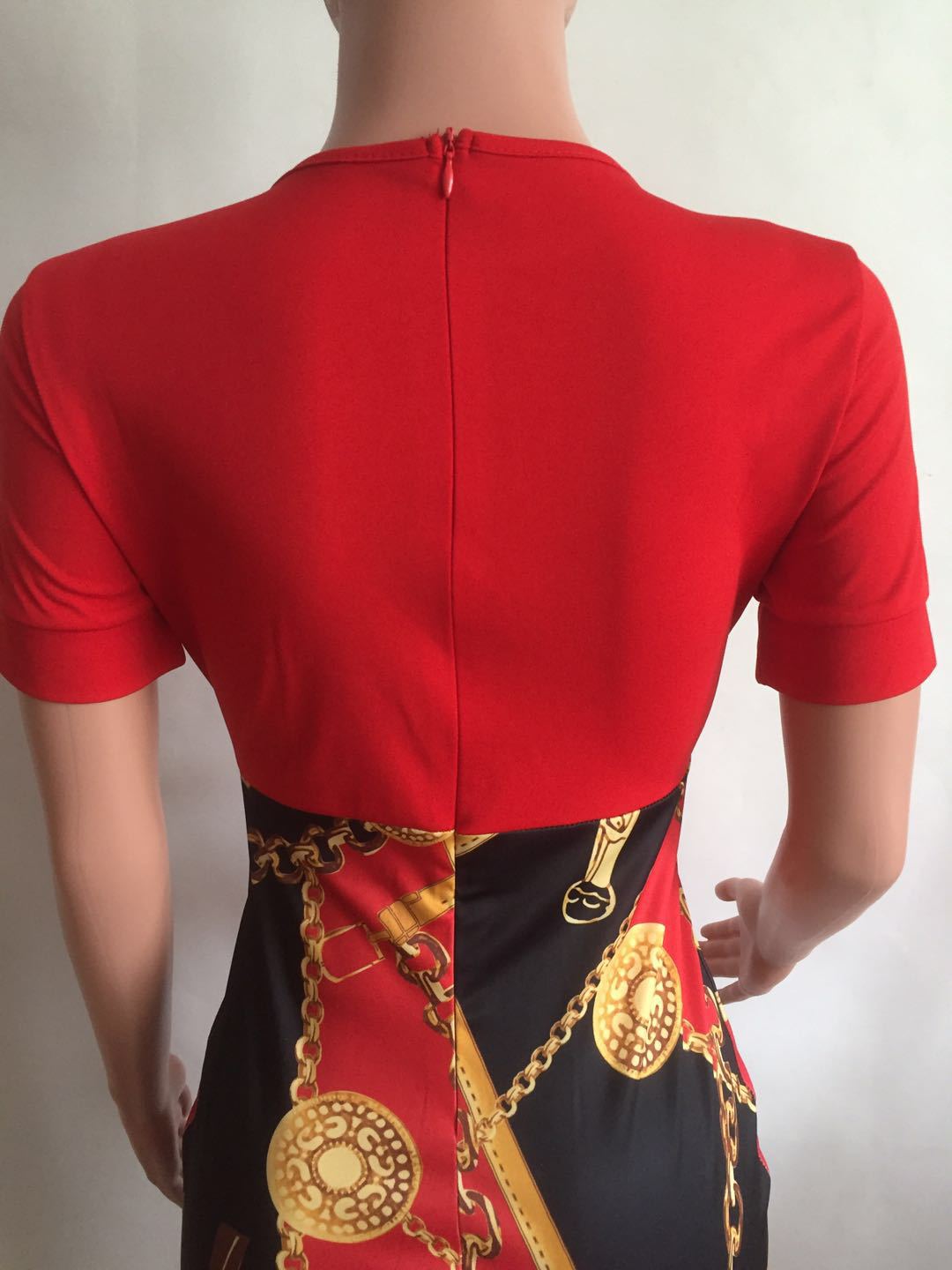 Women Short Sleeves Chain Print Zipper Casual Belt Bodycon Cocktail