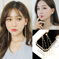 S925银针合金光面五角星流苏耳饰 气质超仙珍珠星星耳坠长款E0029