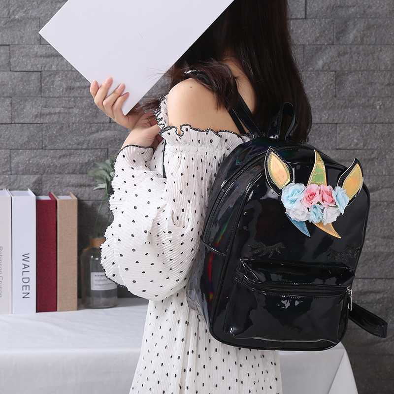 Unicorn large-capacity Unicorn laser bright pink schoolbag, cartoon women's backpack, travel bag, pu backpack detail image 10