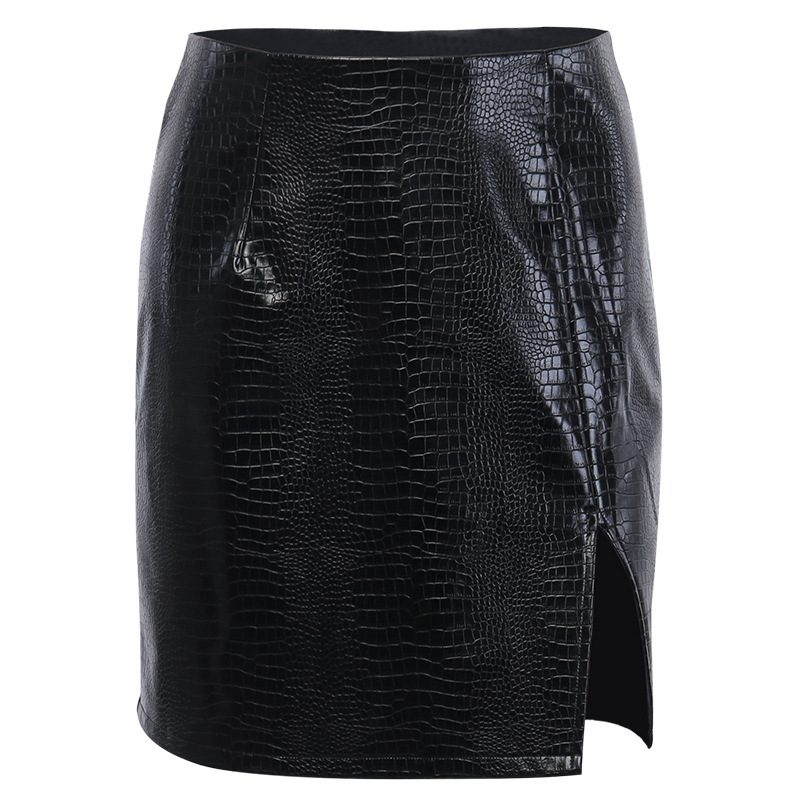 solid color crocodile pattern split leather short skirt sexy  NSXE34778