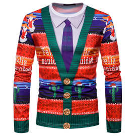 新款3D个性假两件印花时尚男士圣诞节长袖T恤 CT474