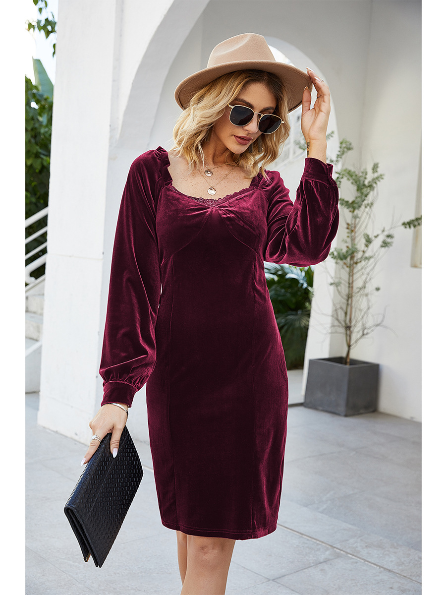 velvet slim long-sleeved hip dress NSAL10201